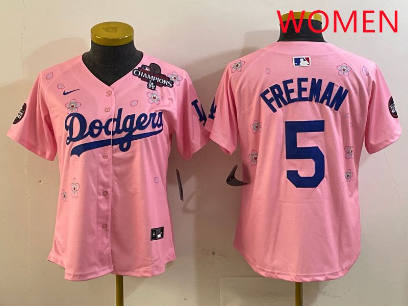 Women Los Angeles Dodgers 5 Freeman Pink Sakura Edition 2025 Nike MLB Jersey style 4